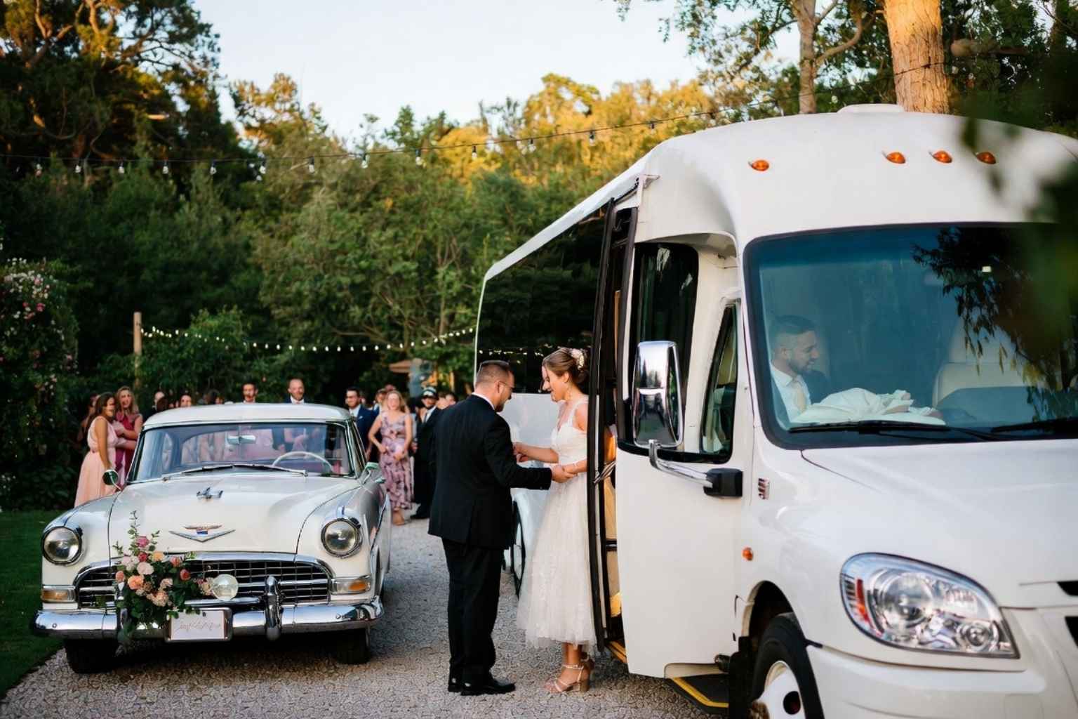 Do you provide wedding day shuttles and a classic vintage getaway car in Montgomery Alabama