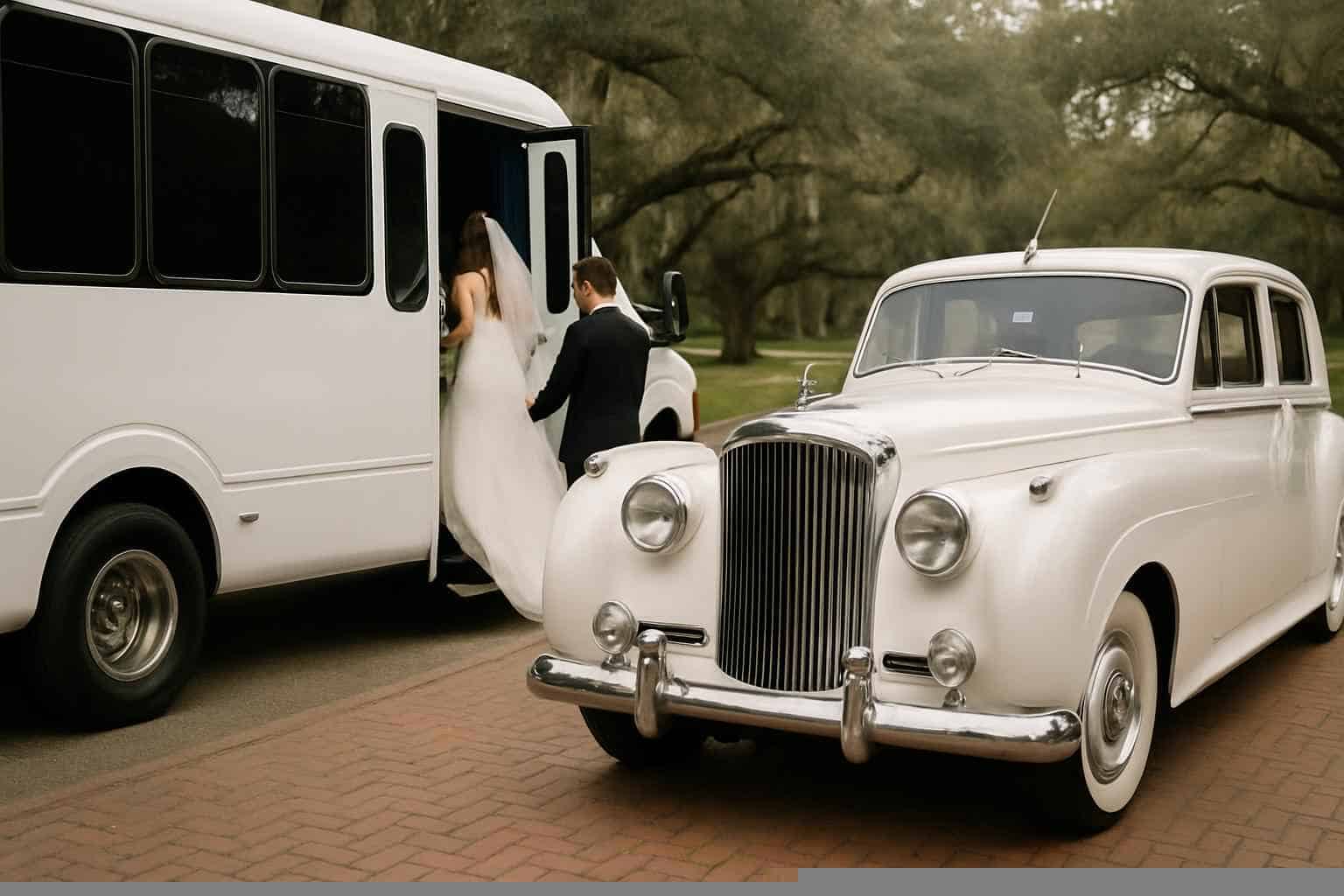 Do you provide wedding day shuttles and a classic vintage getaway car in Mobile Alabama?