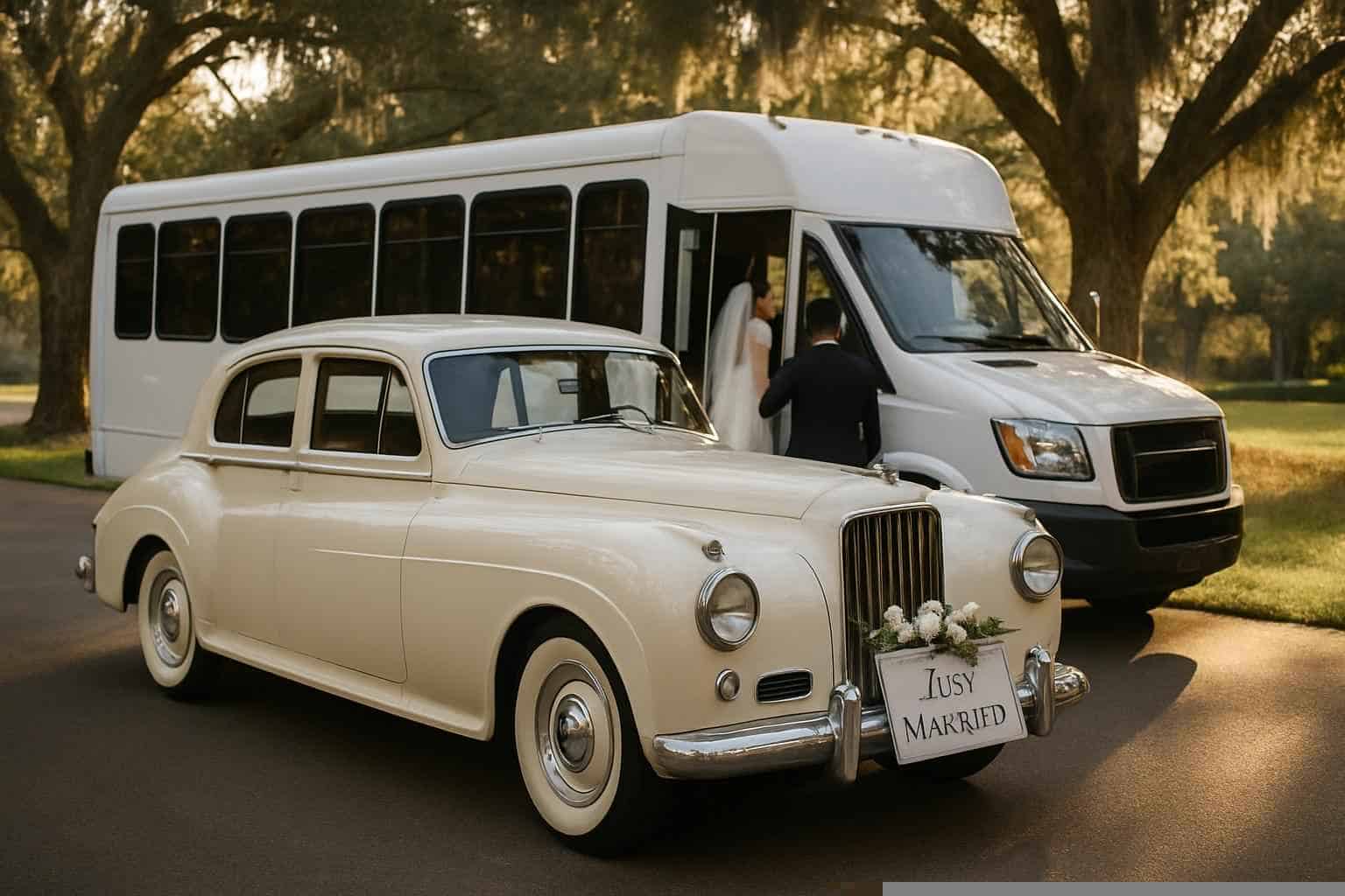 Do you provide wedding day shuttles and a classic vintage getaway car in Mobile Alabama