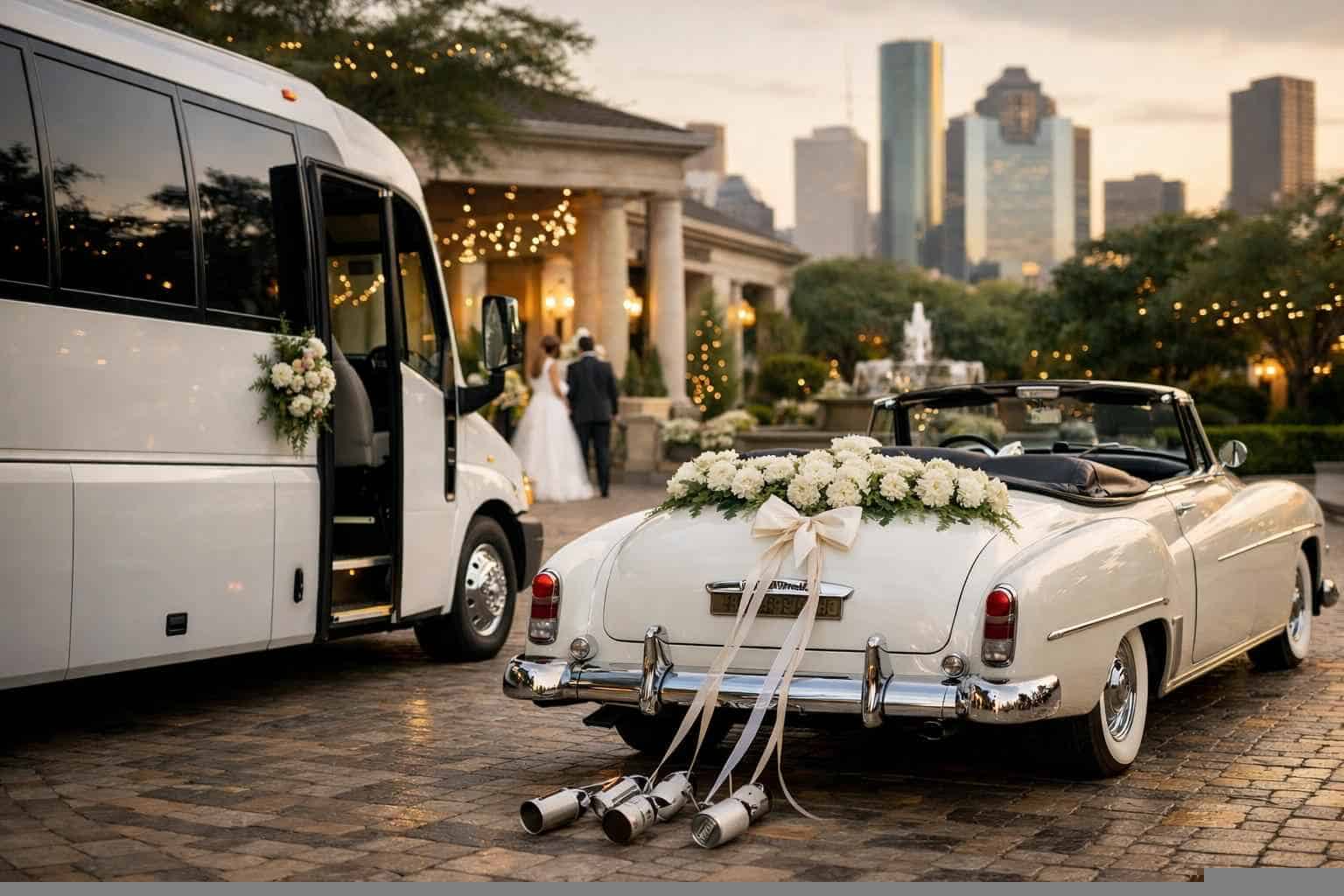 Do you provide wedding day shuttles and a classic vintage getaway car in Houston Texas?