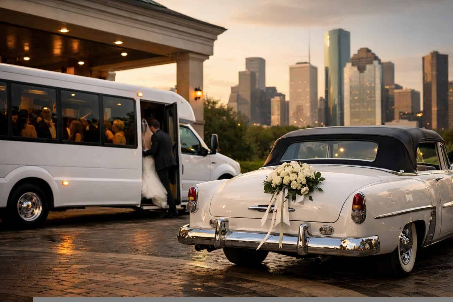 Do you provide wedding day shuttles and a classic vintage getaway car in Houston Texas