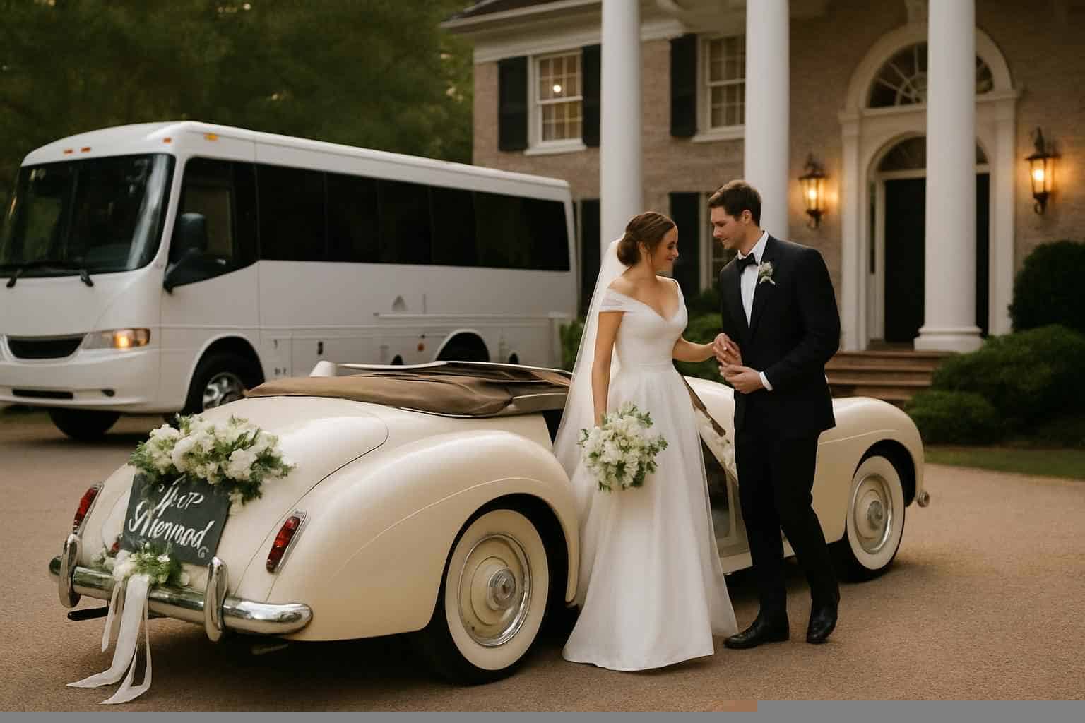 Do you provide wedding day shuttles and a classic vintage getaway car in Florence Alabama?