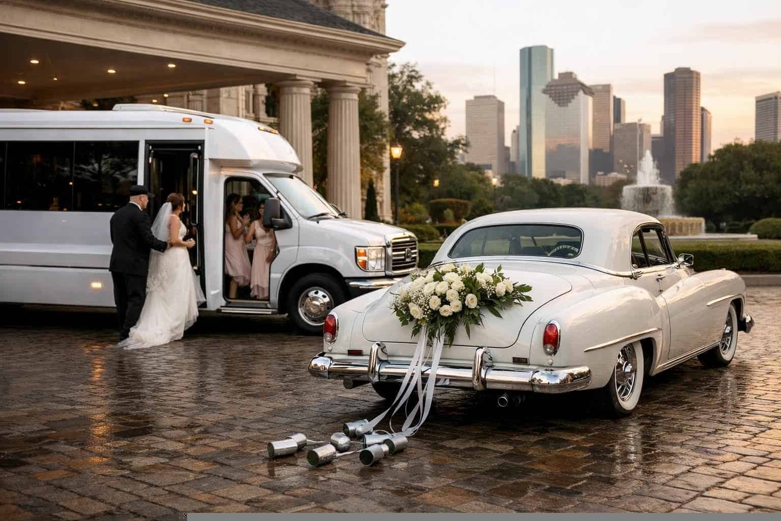 Do you provide wedding day shuttles and a classic vintage getaway car in Houston Texas?