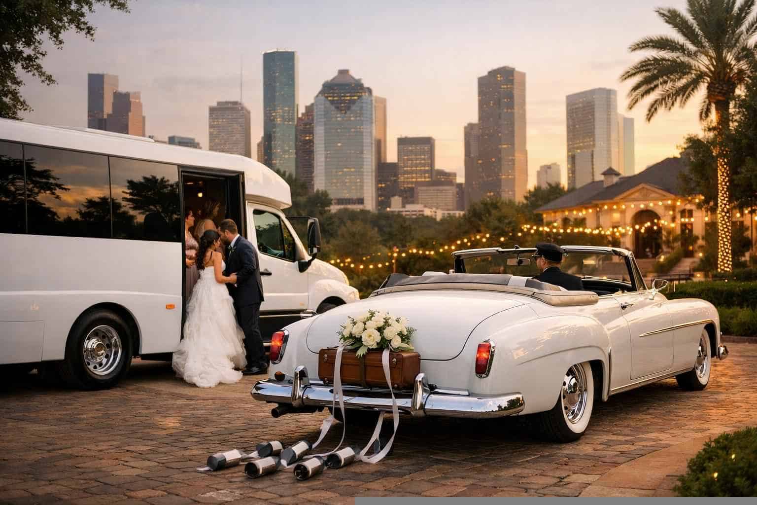 Do you provide wedding day shuttles and a classic vintage getaway car in Houston Texas?