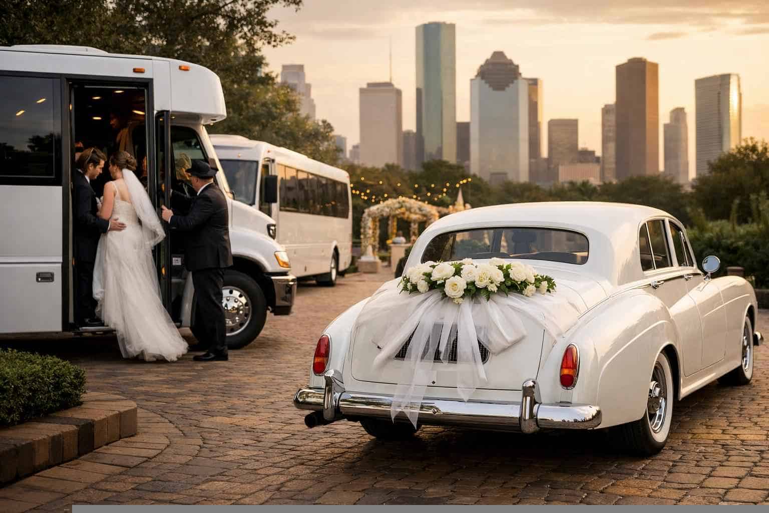 Do you provide wedding day shuttles and a classic vintage getaway car in Houston Texas?