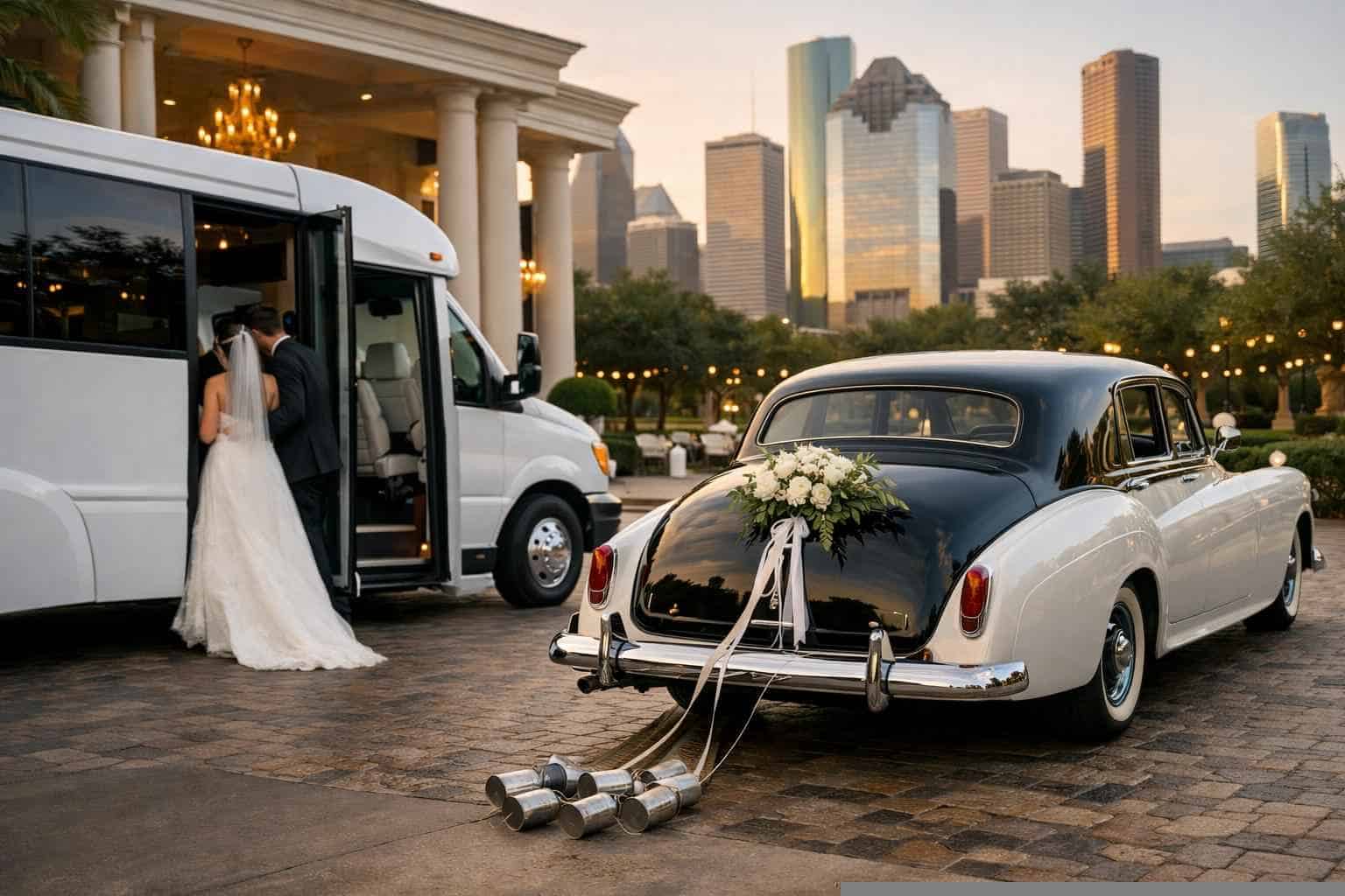 Do you provide wedding day shuttles and a classic vintage getaway car in Houston Texas?