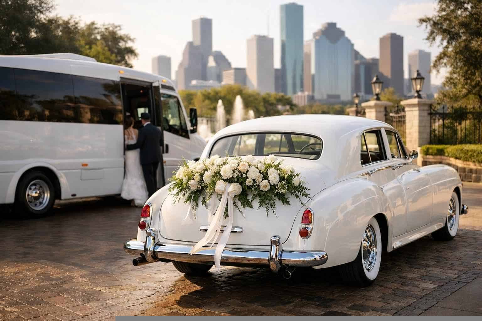 Do you provide wedding day shuttles and a classic vintage getaway car in Houston Texas?