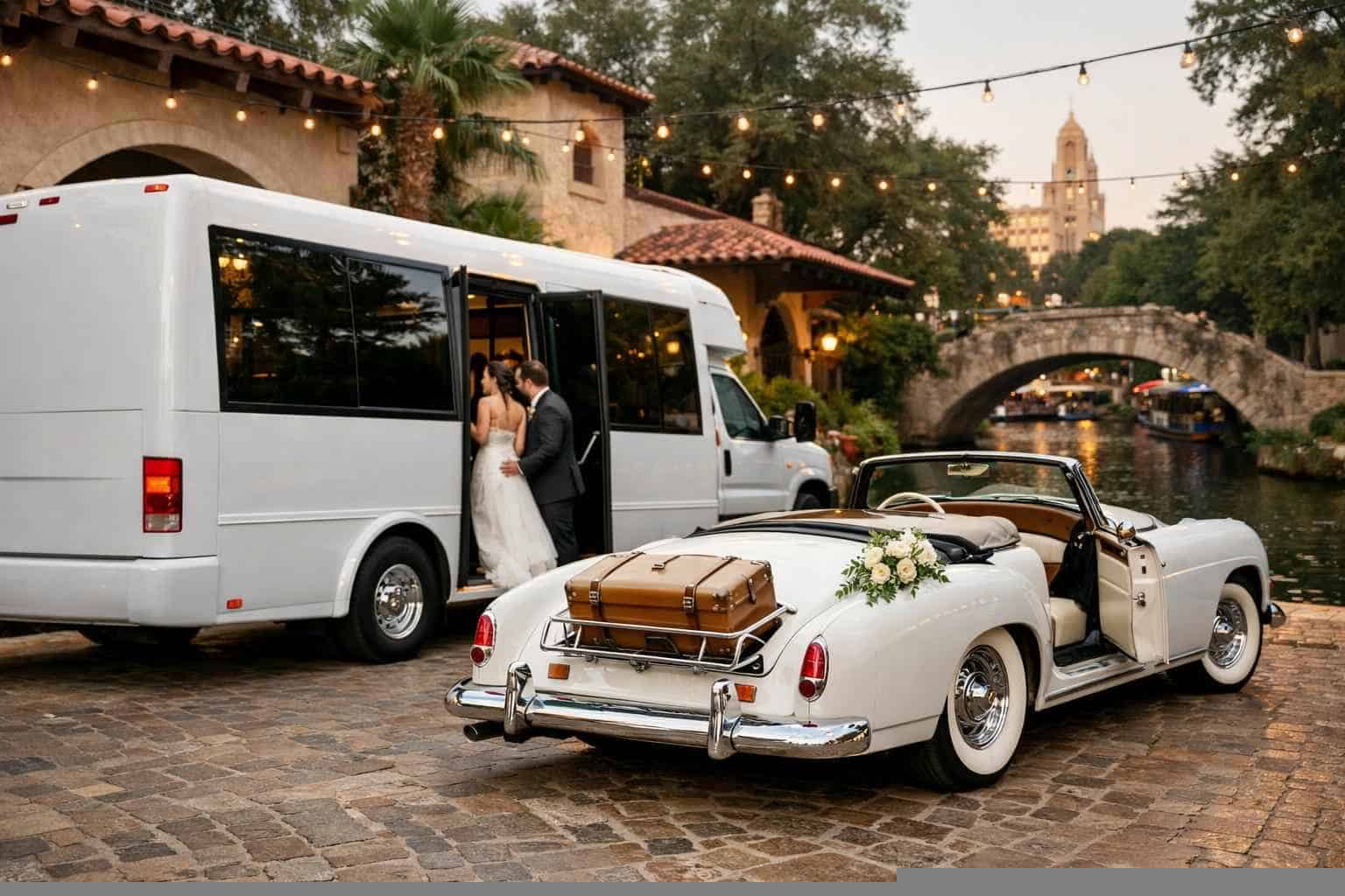 Do you provide wedding day shuttles and a classic vintage getaway car in San Antonio Texas