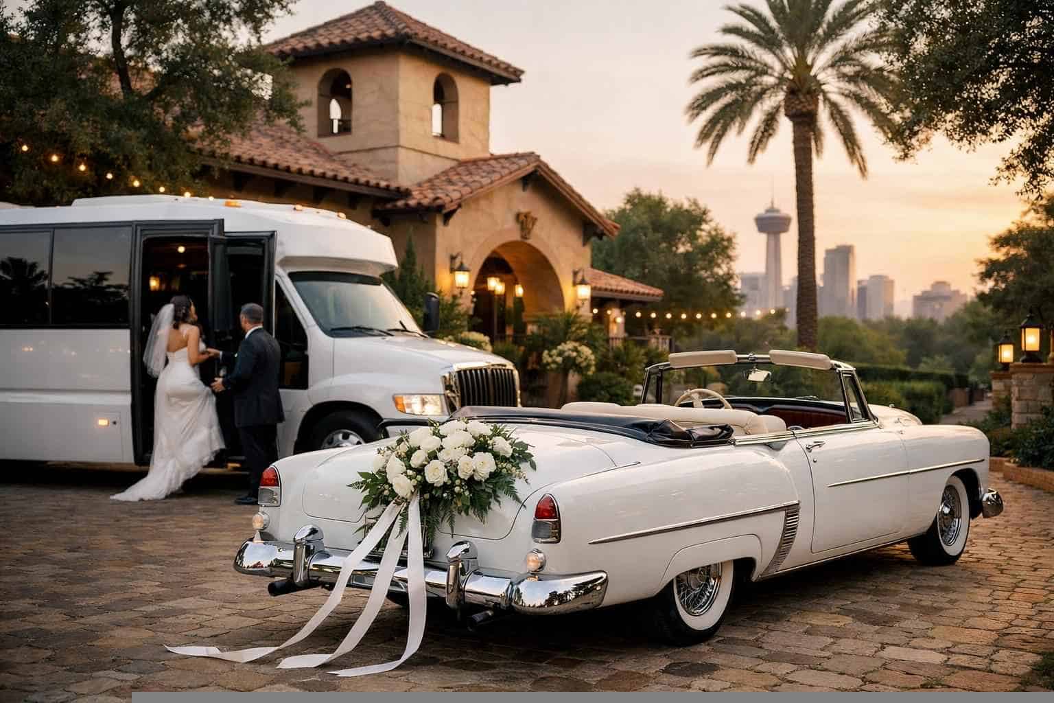 Do you provide wedding day shuttles and a classic vintage getaway car in San Antonio Texas?