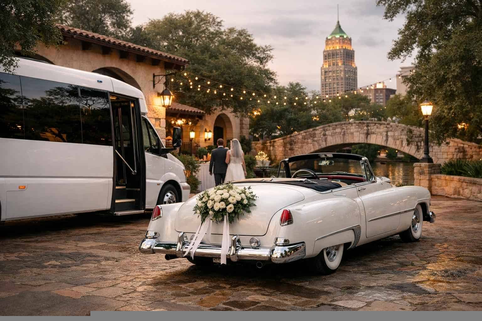 Do you provide wedding day shuttles and a classic vintage getaway car in San Antonio Texas