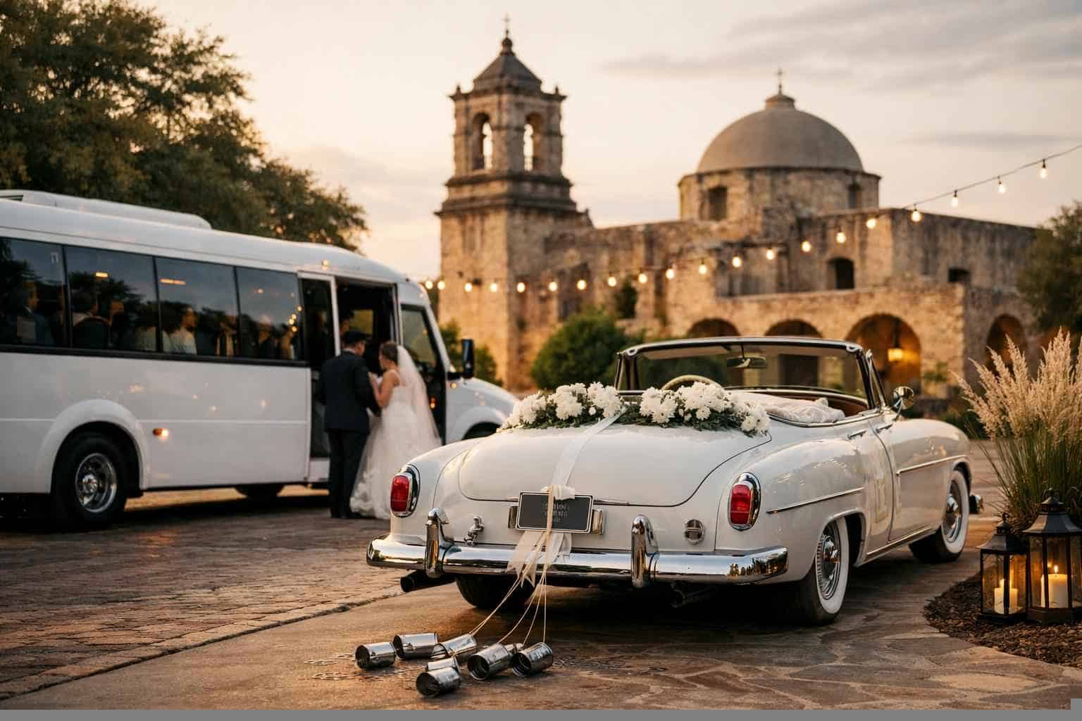 Do you provide wedding day shuttles and a classic vintage getaway car in San Antonio Texas?