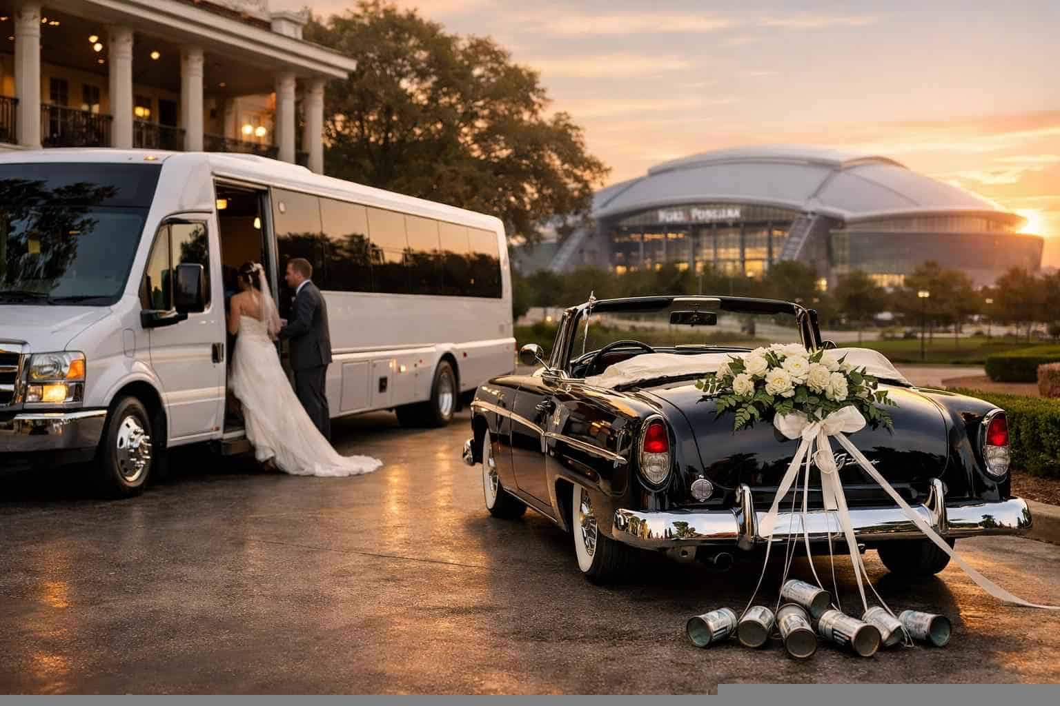 Do you provide wedding day shuttles and a classic or vintage getaway car in Arlington Texas?