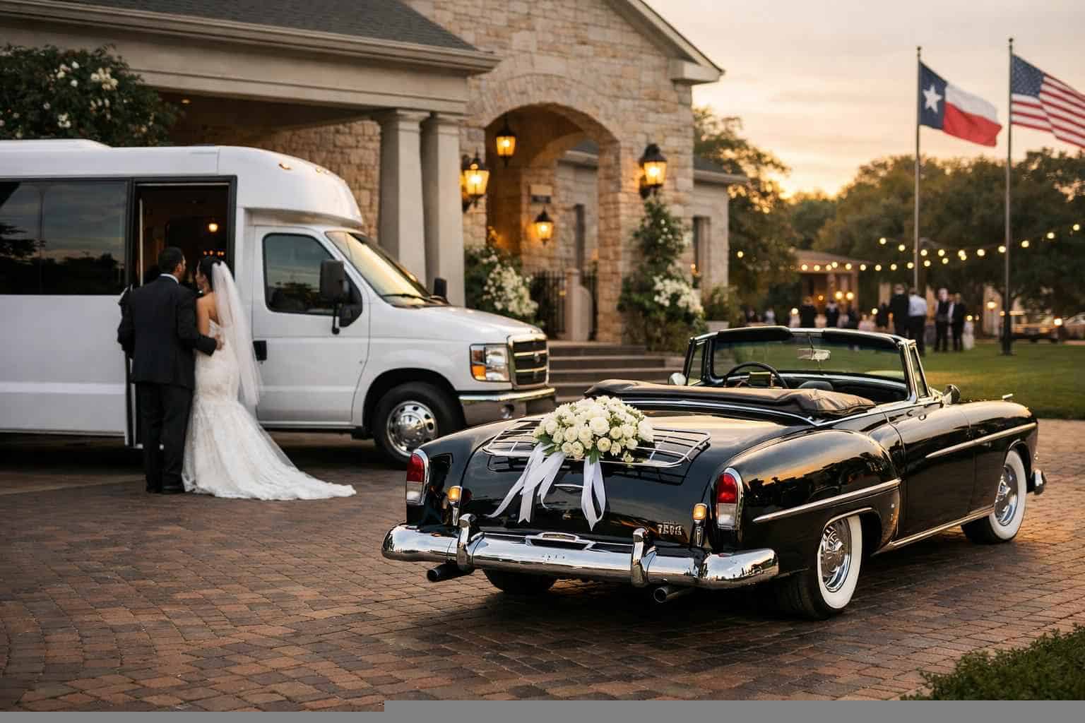 Do you provide wedding day shuttles and a classic or vintage getaway car in Arlington Texas?