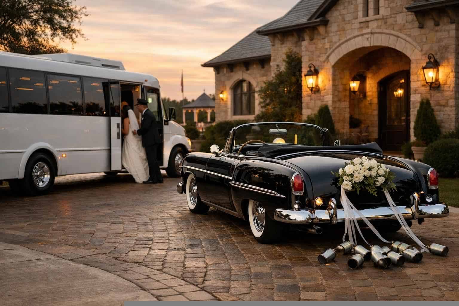 Do you provide wedding day shuttles and a classic or vintage getaway car in Arlington Texas?