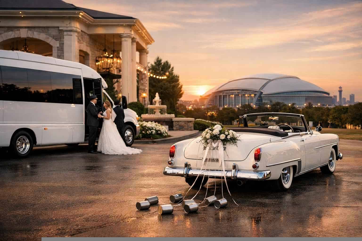 Do you provide wedding day shuttles and a classic or vintage getaway car in Arlington Texas?