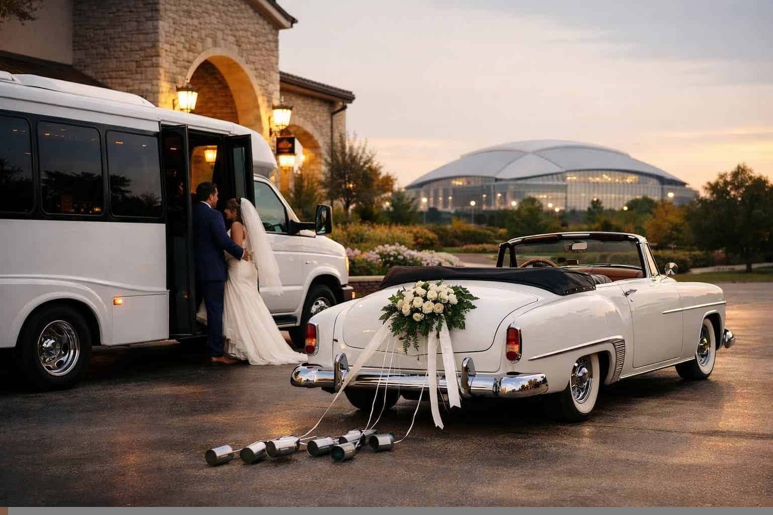 Do you provide wedding day shuttles and a classic or vintage getaway car in Arlington Texas?