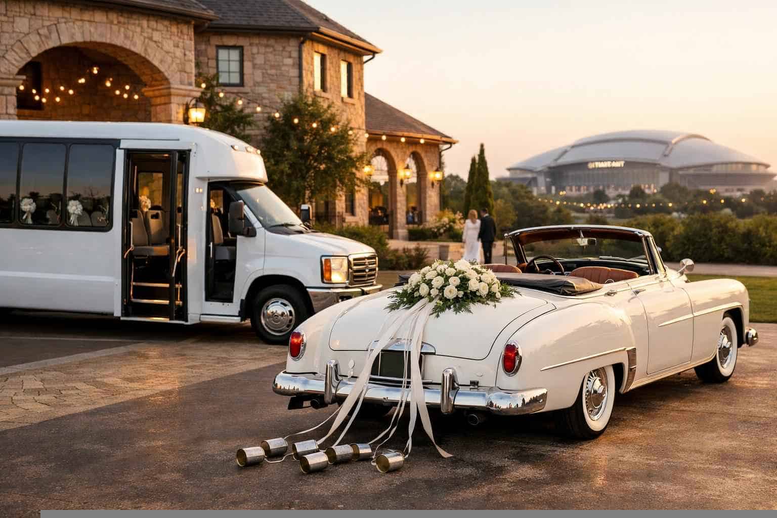 Do you provide wedding day shuttles and a classic or vintage getaway car in Arlington Texas?