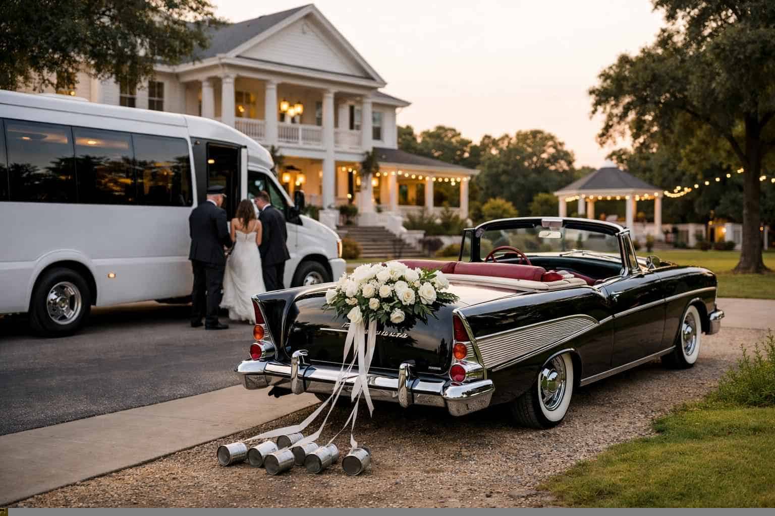 Do you provide wedding day shuttles and a classic or vintage getaway car in Arlington Texas?