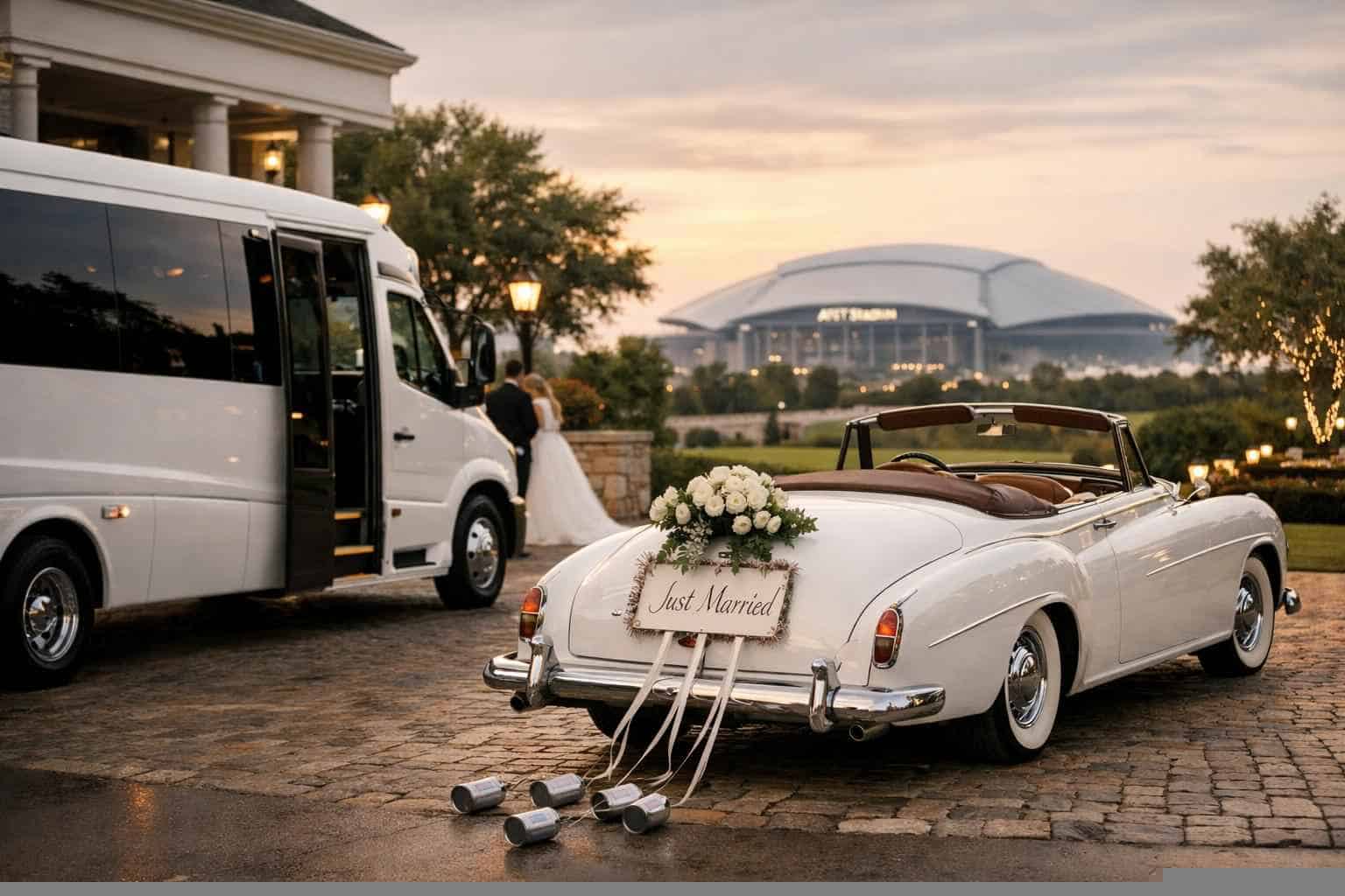Do you provide wedding day shuttles and a classic or vintage getaway car in Arlington Texas?
