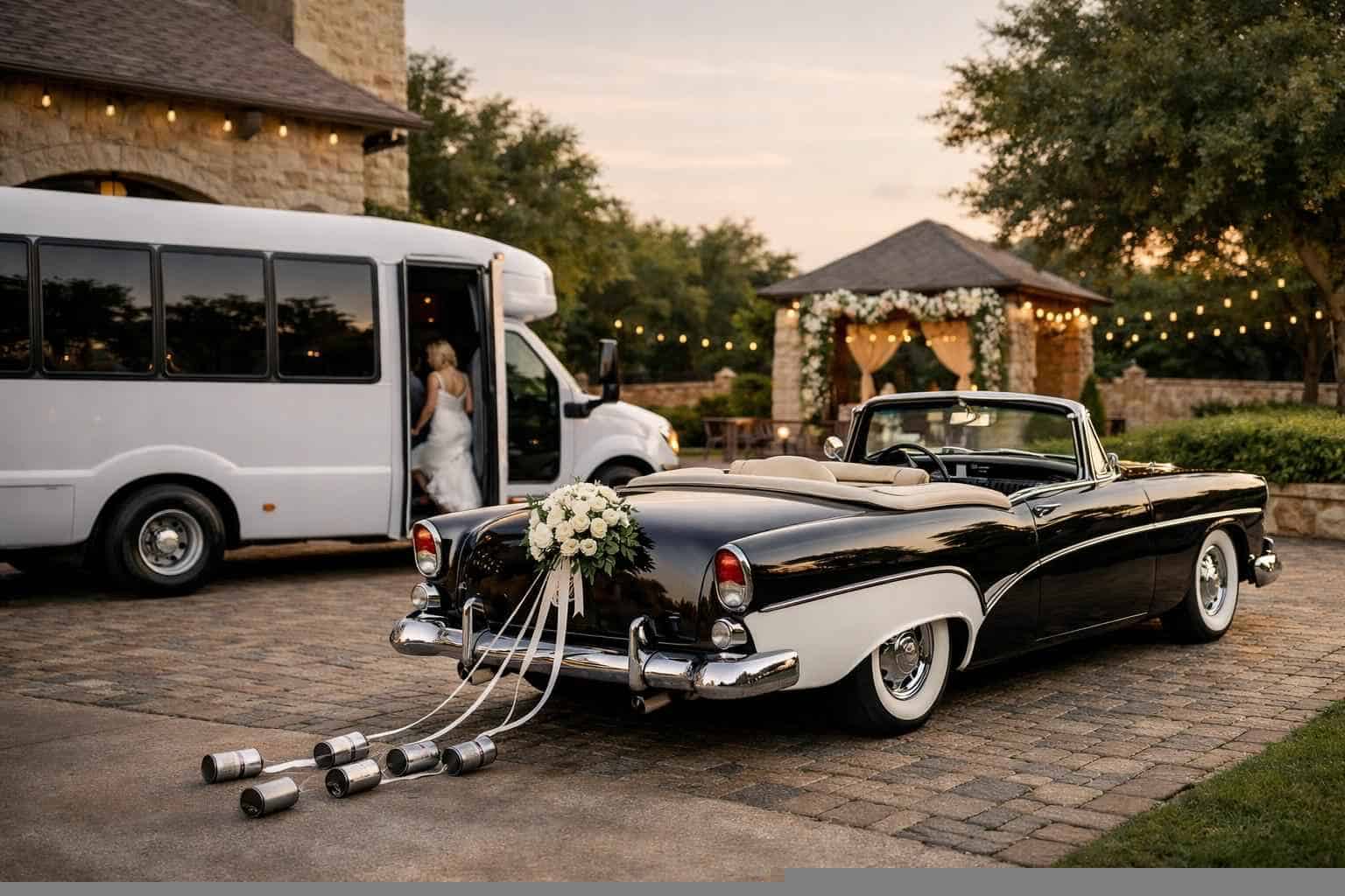 Do you provide wedding day shuttles and a classic or vintage getaway car in Arlington Texas