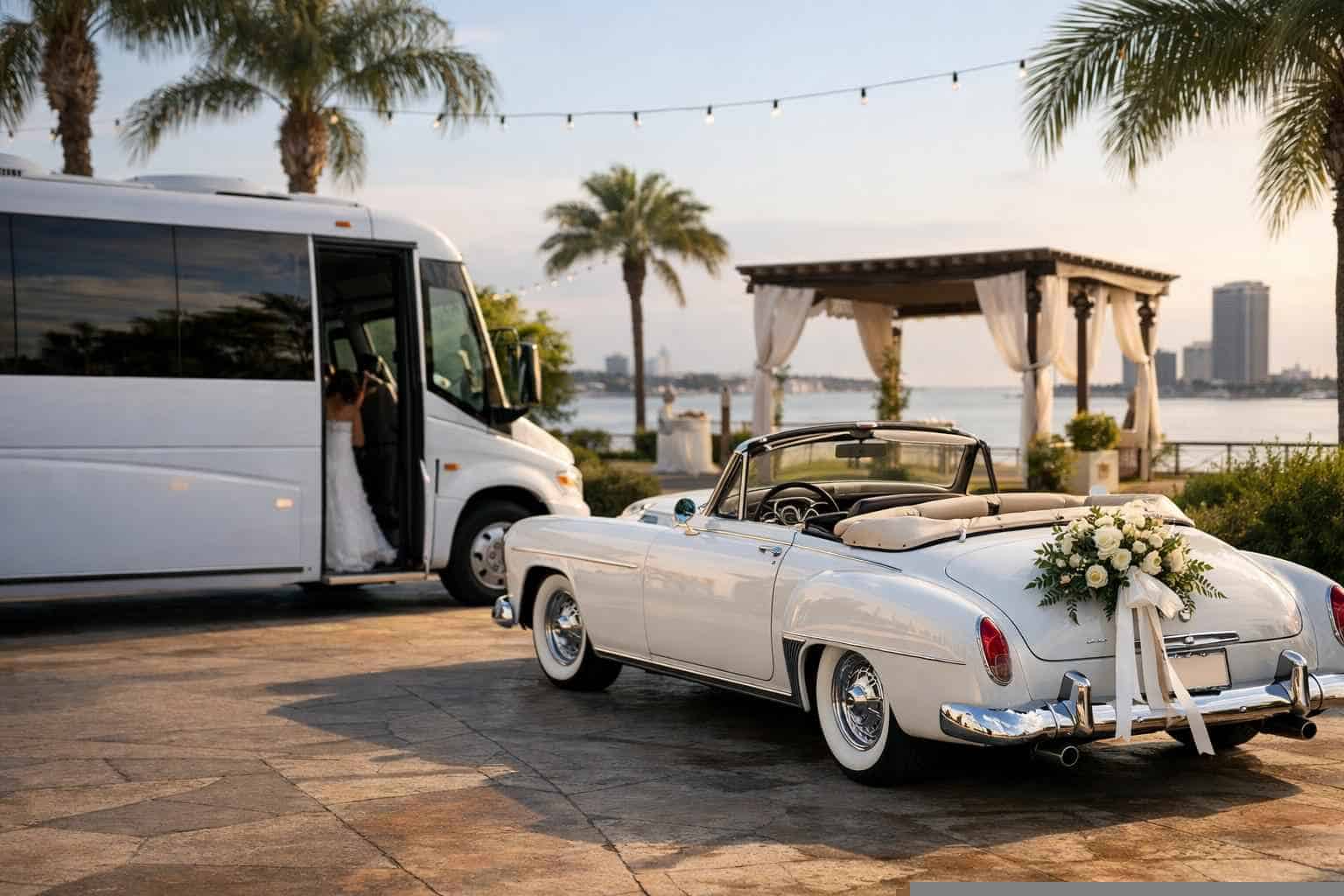 Do you provide wedding day shuttles and a classic or vintage getaway car in Corpus Christi Texas?