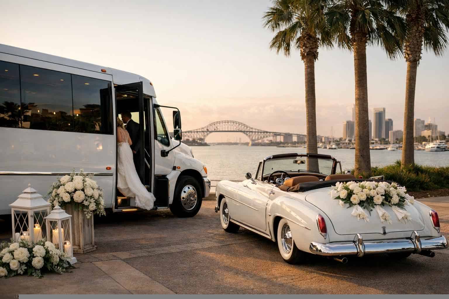 Do you provide wedding day shuttles and a classic or vintage getaway car in Corpus Christi Texas
