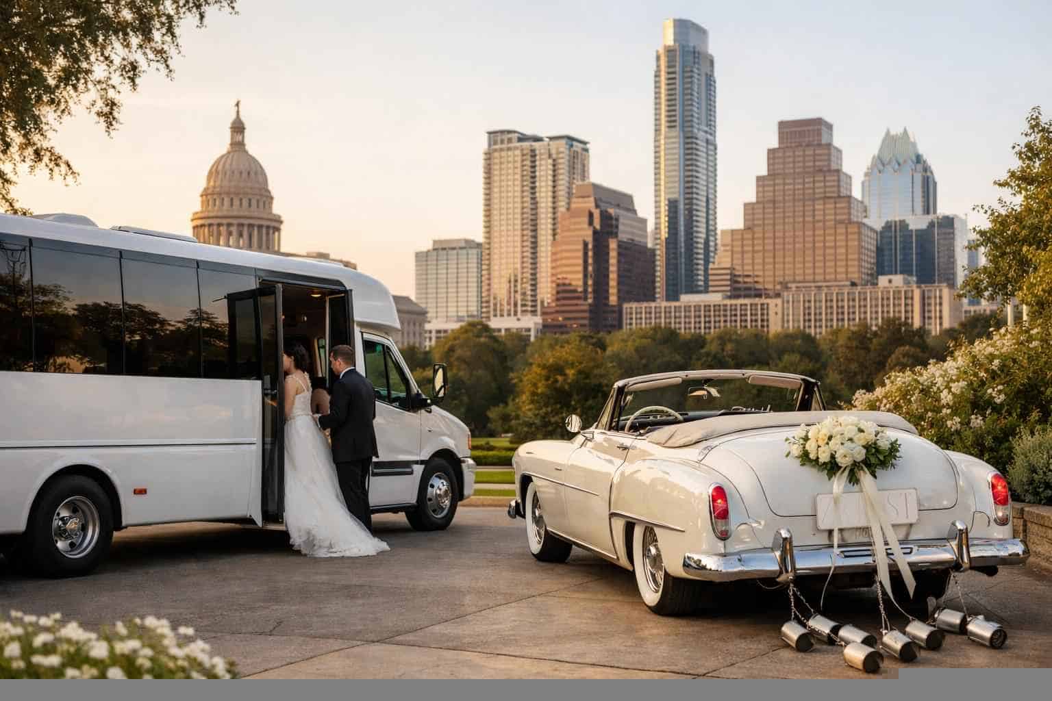 Do you provide wedding day shuttles and a classic vintage getaway car in Austin Texas?