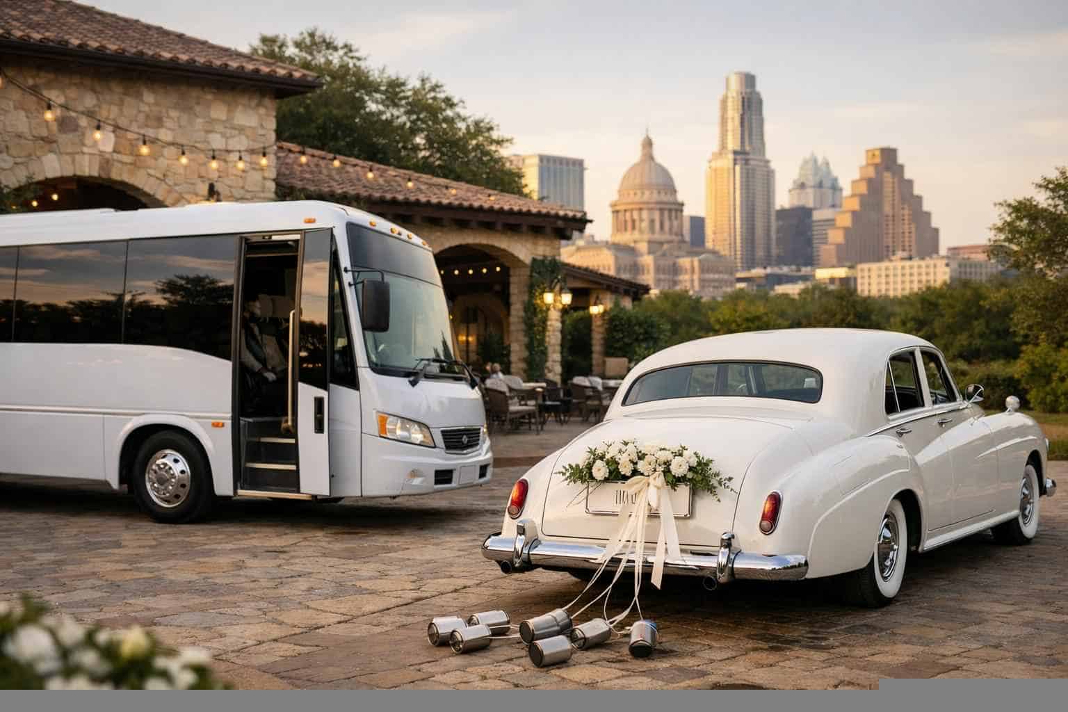 Do you provide wedding day shuttles and a classic vintage getaway car in Austin Texas