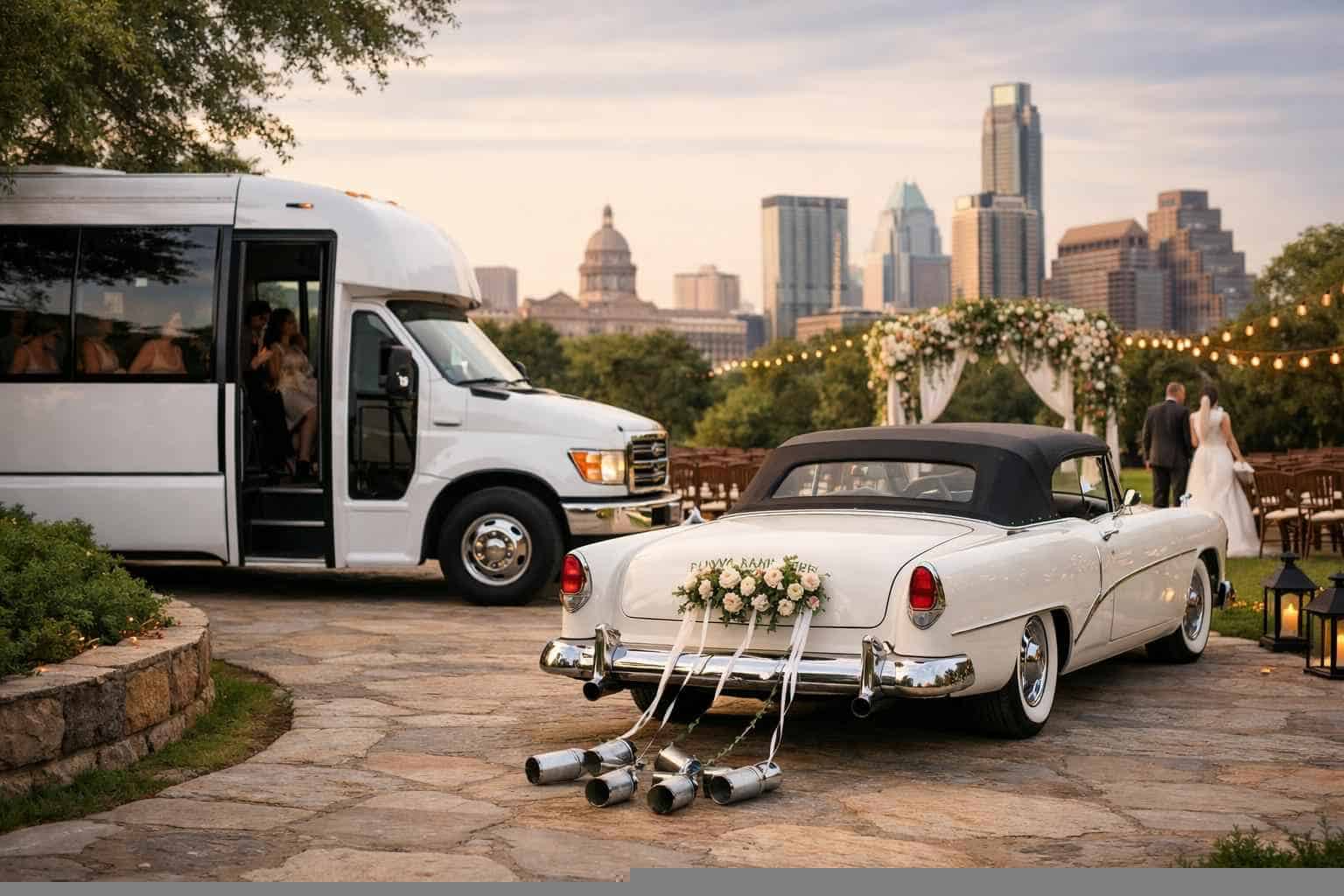 Do you provide wedding day shuttles and a classic vintage getaway car in Austin Texas?