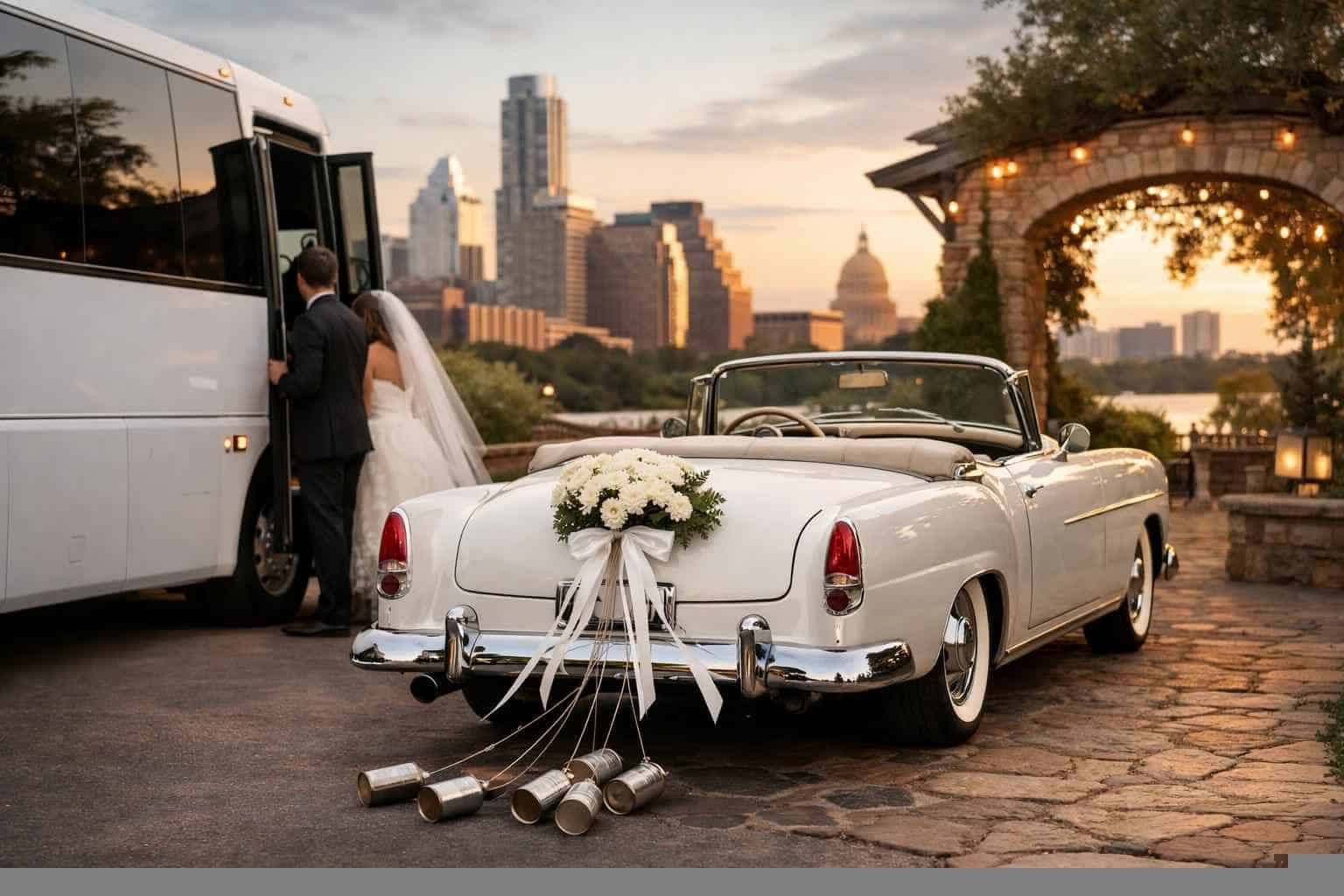 Do you provide wedding day shuttles and a classic vintage getaway car in Austin Texas