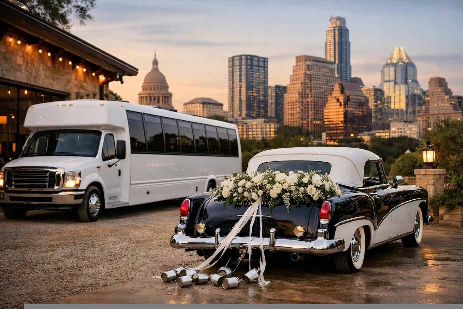 Do you provide wedding day shuttles and a classic vintage getaway car in Austin Texas?