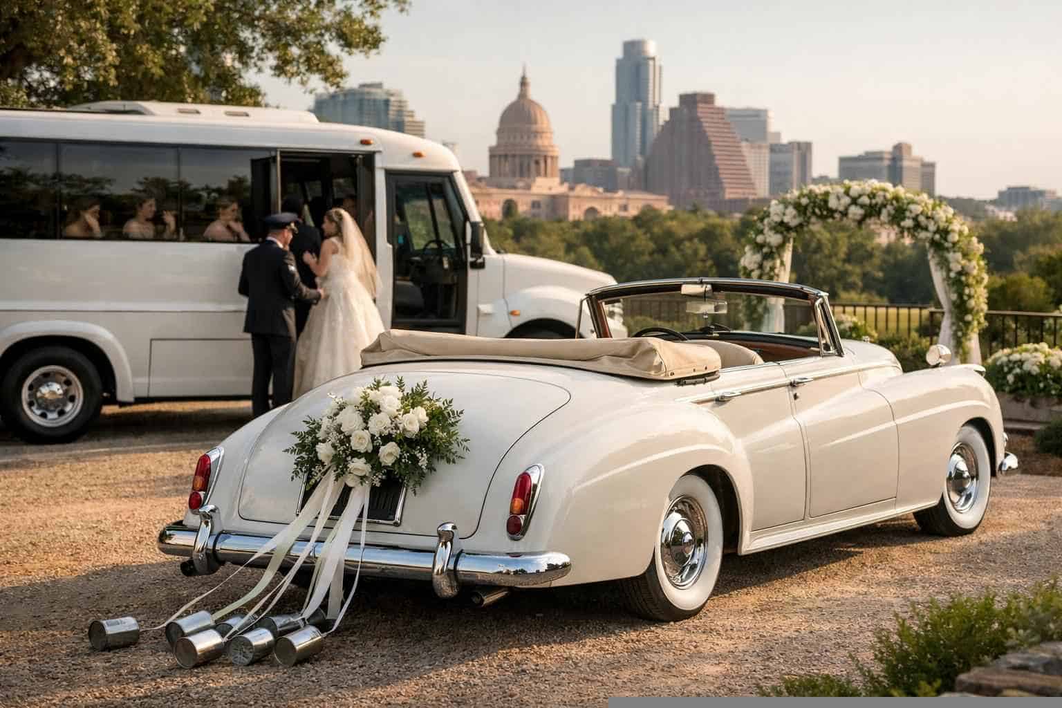 Do you provide wedding day shuttles and a classic vintage getaway car in Austin Texas