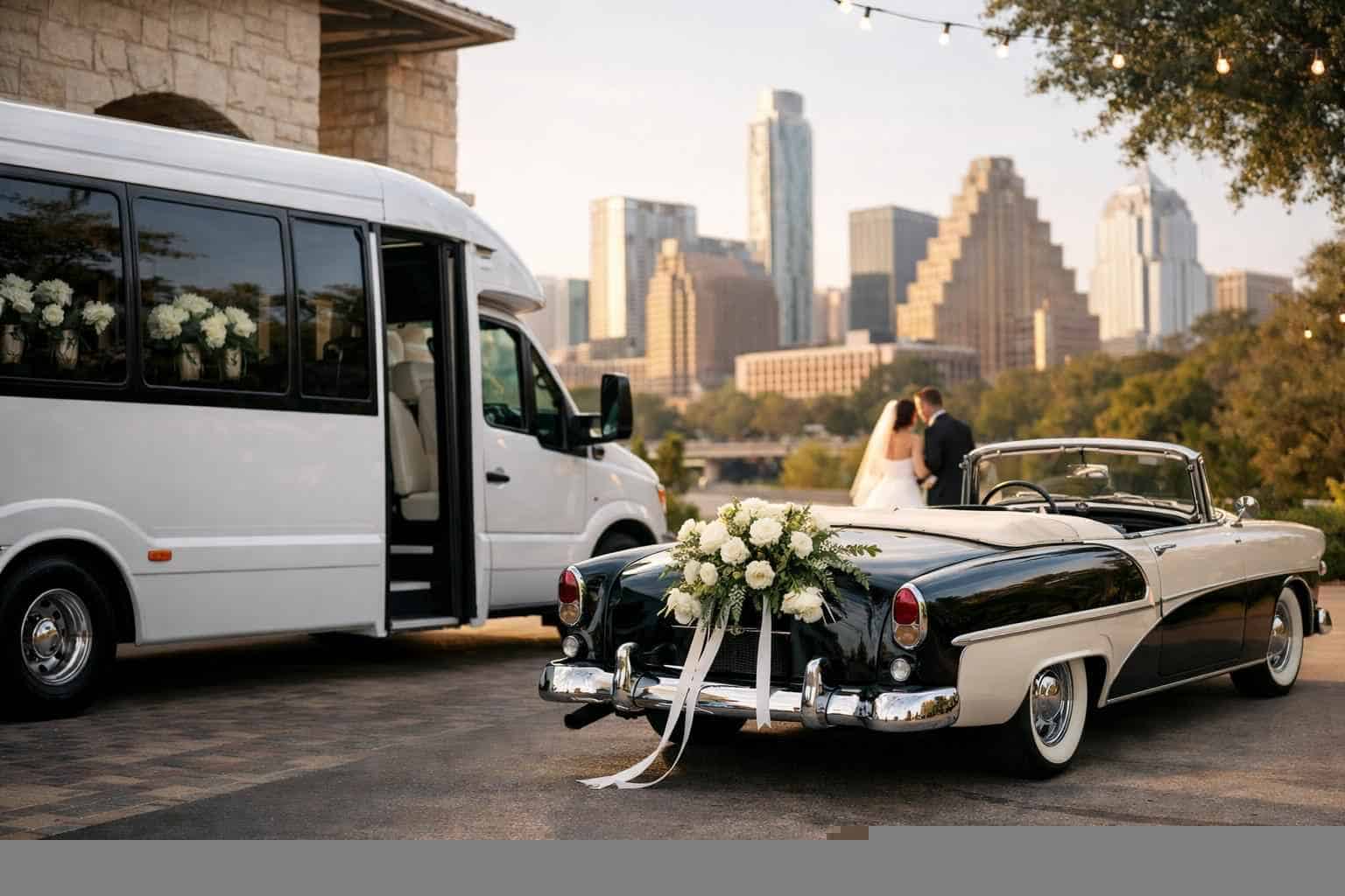 Do you provide wedding day shuttles and a classic, vintage getaway car in Austin Texas?