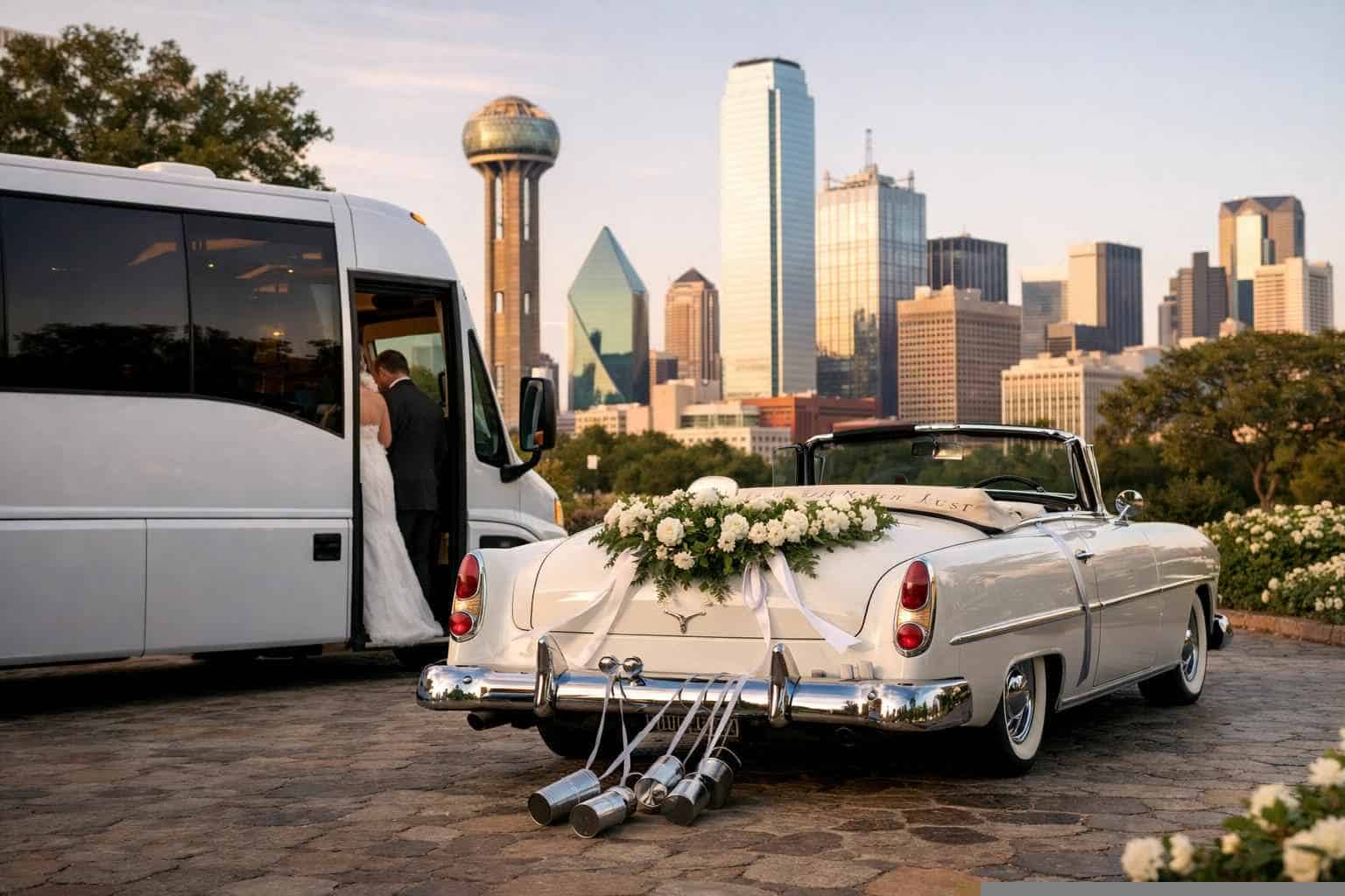 Do you provide wedding day shuttles and a classic vintage getaway car in Dallas Texas