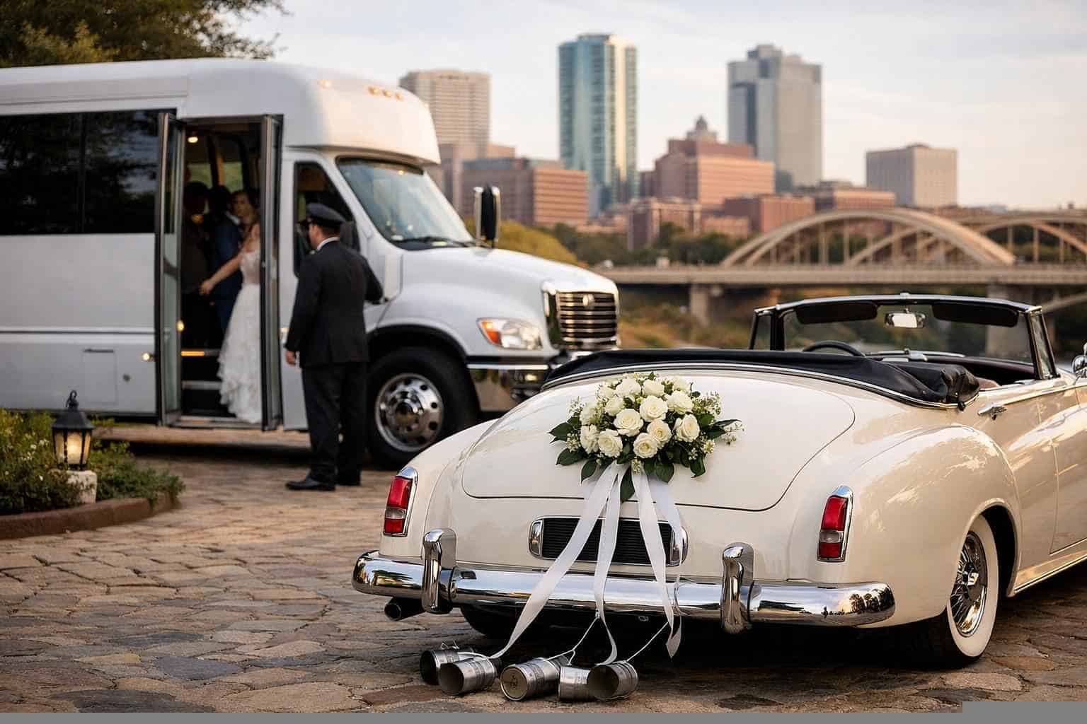 Do you provide wedding day shuttles and a classic vintage getaway car in Fort Worth Texas?