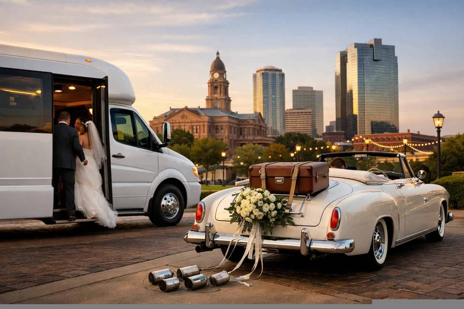 Do you provide wedding day shuttles and a classic vintage getaway car in Fort Worth Texas?