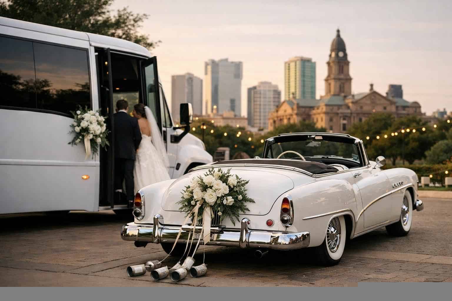Do you provide wedding day shuttles and a classic vintage getaway car in Fort Worth Texas