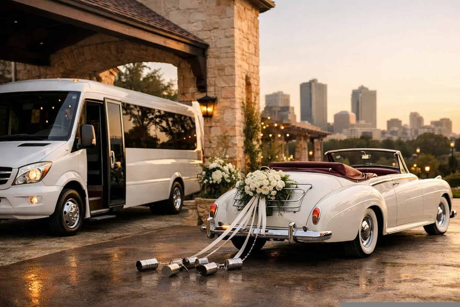 Do you provide wedding day shuttles and a classic vintage getaway car in Fort Worth Texas?
