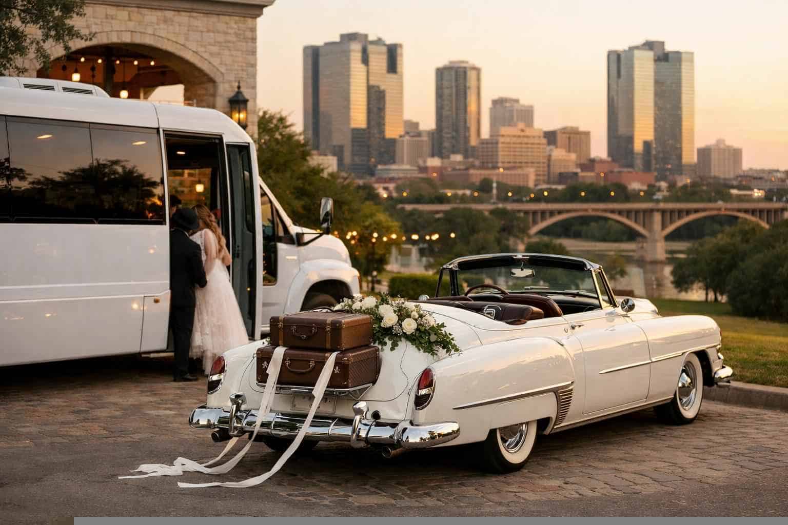 Do you provide wedding day shuttles and a classic vintage getaway car in Fort Worth Texas?