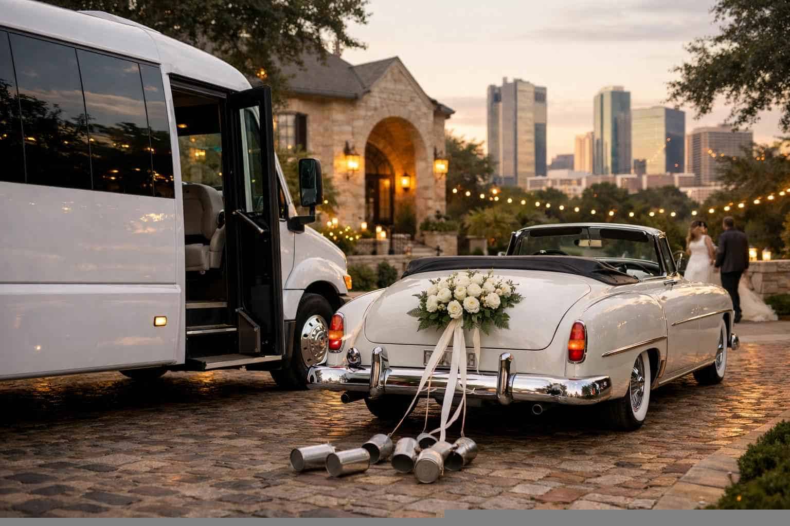 Do you provide wedding day shuttles and a classic vintage getaway car in Fort Worth Texas?