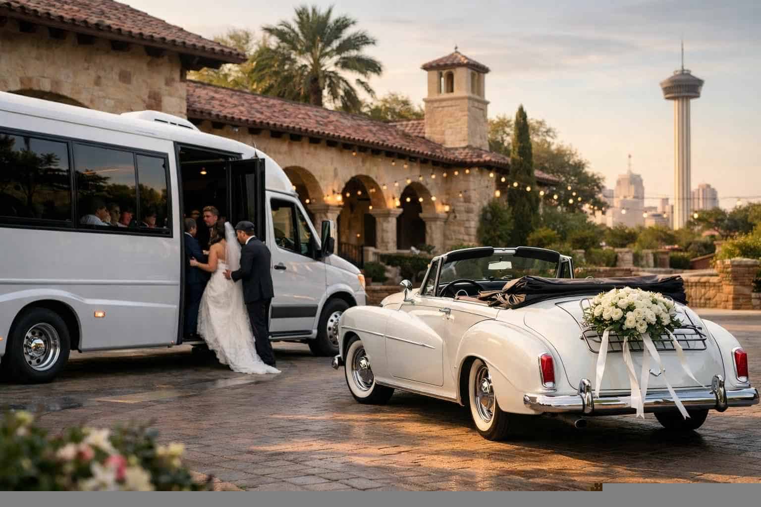 Do you provide wedding day shuttles and a classic vintage getaway car in San Antonio Texas?