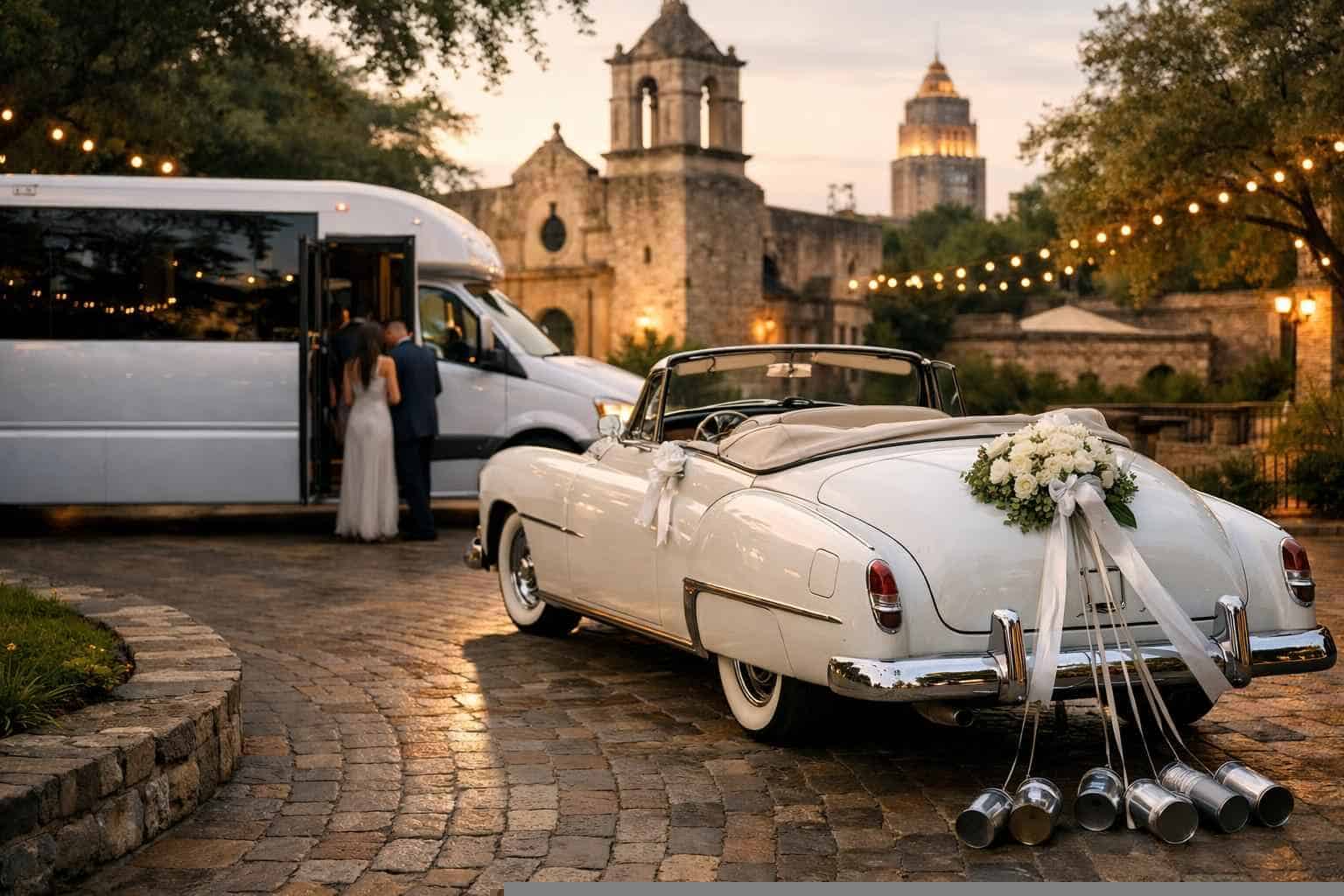 Do you provide wedding day shuttles and a classic vintage getaway car in San Antonio Texas?