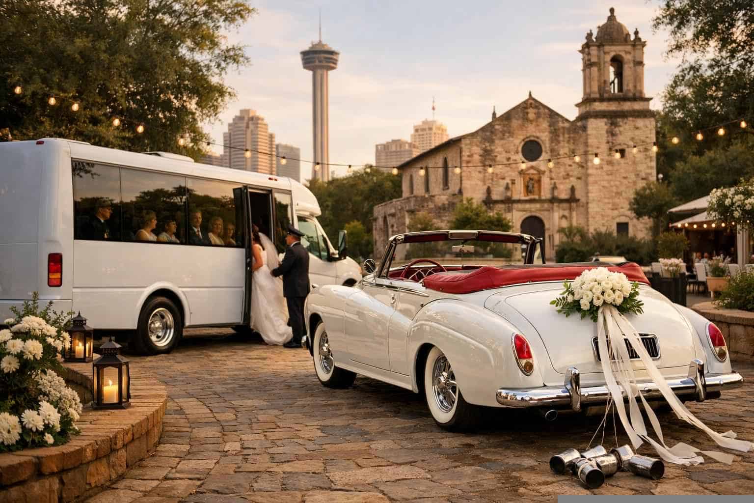 Do you provide wedding day shuttles and a classic vintage getaway car in San Antonio Texas?