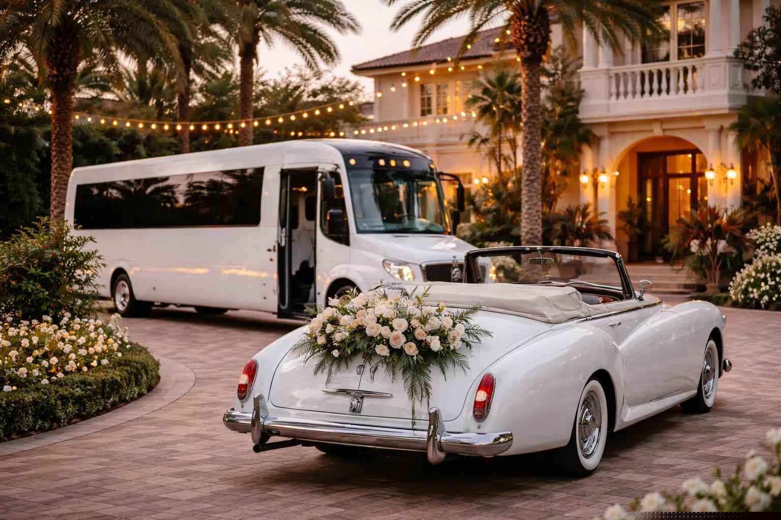 Do you provide wedding day shuttles and a classic vintage getaway car in Tampa Florida?