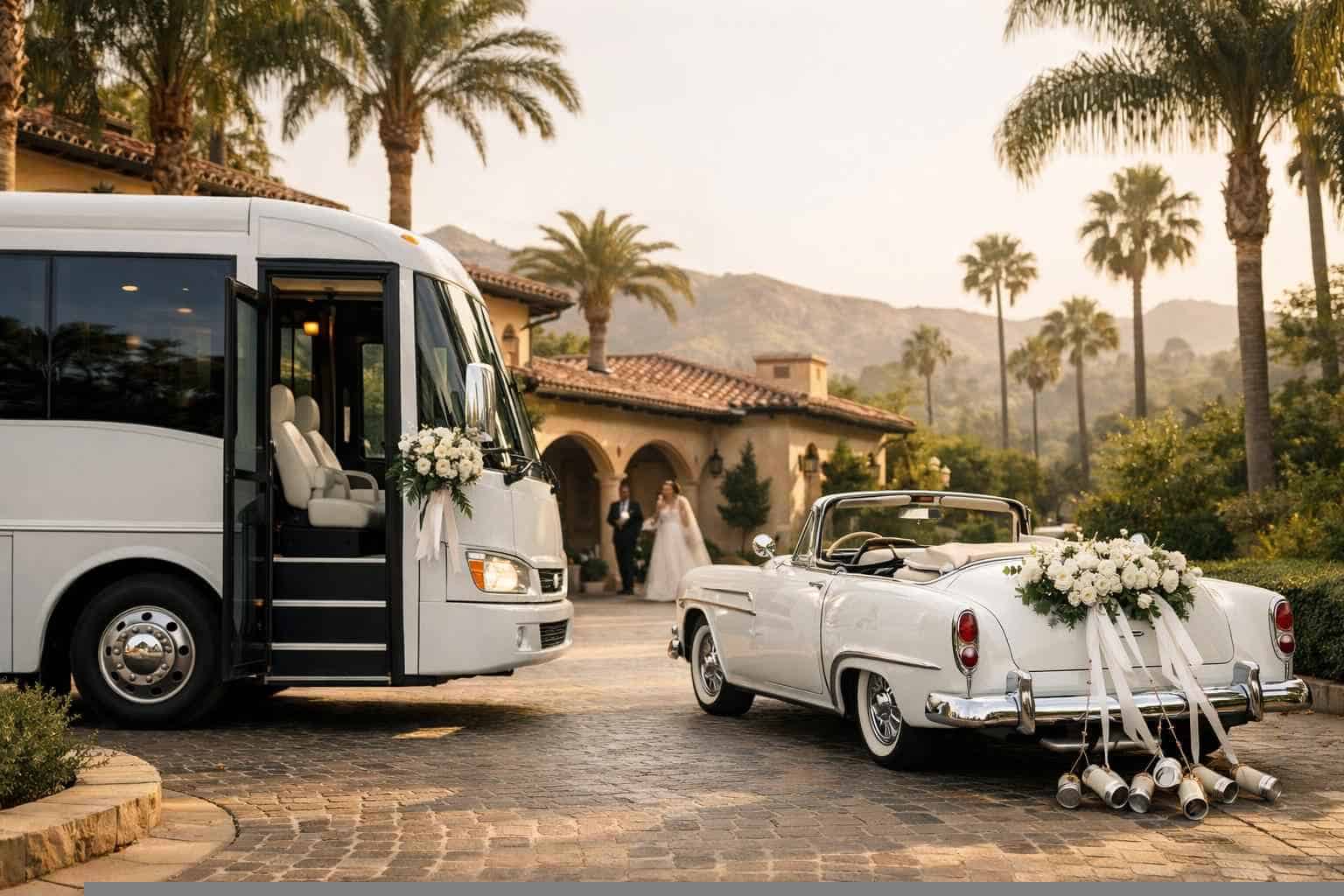 Do you provide wedding day shuttles and a classic vintage getaway car in Los Angeles California?