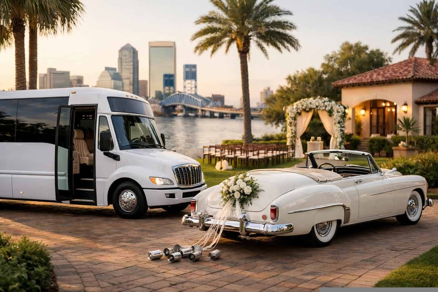 Do you provide wedding day shuttles and a classic vintage getaway car in Jacksonville Florida?