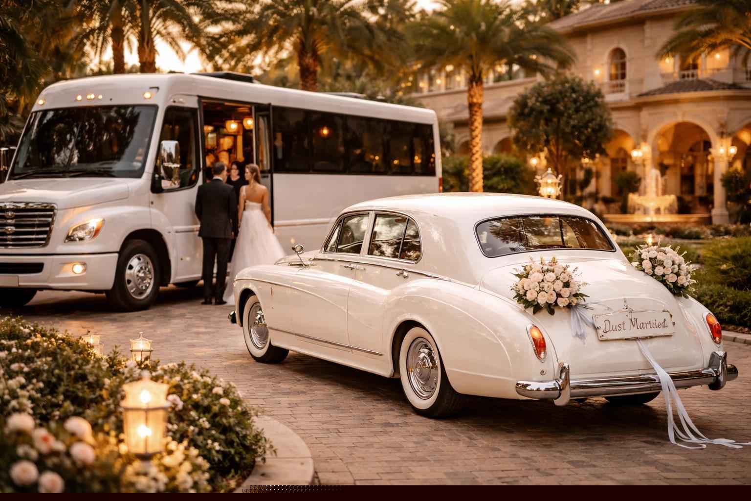 Do you provide wedding day shuttles and a classic vintage getaway car in Jacksonville Florida?