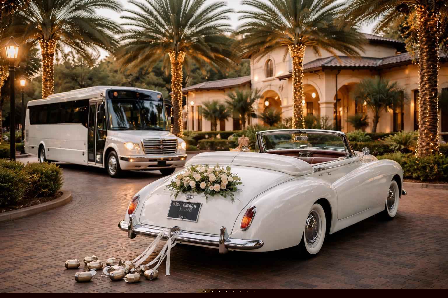 Do you provide wedding day shuttles and a classic vintage getaway car in Jacksonville Florida?