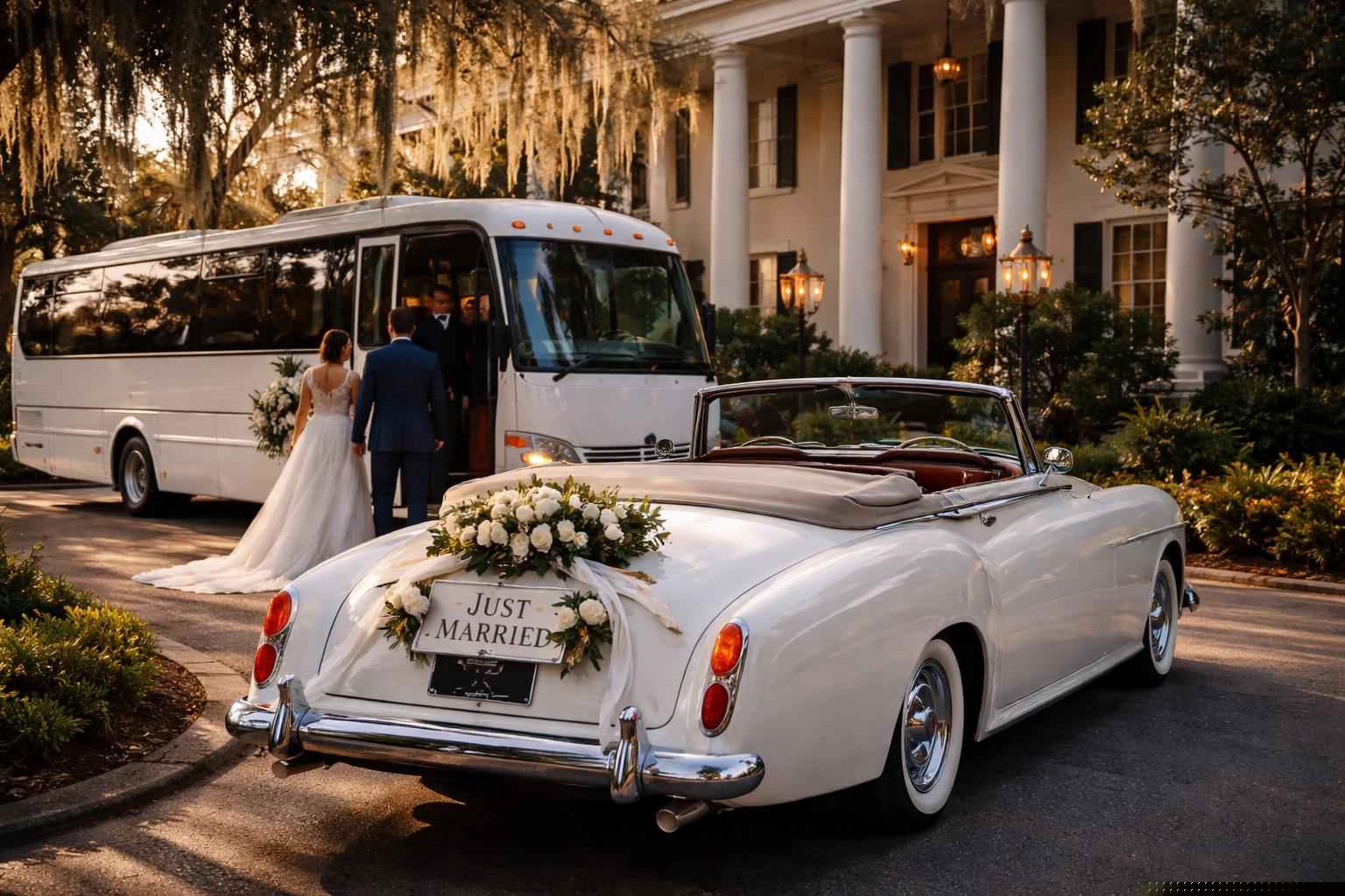 Do you provide wedding day shuttles and a classic vintage getaway car in Jacksonville Florida?