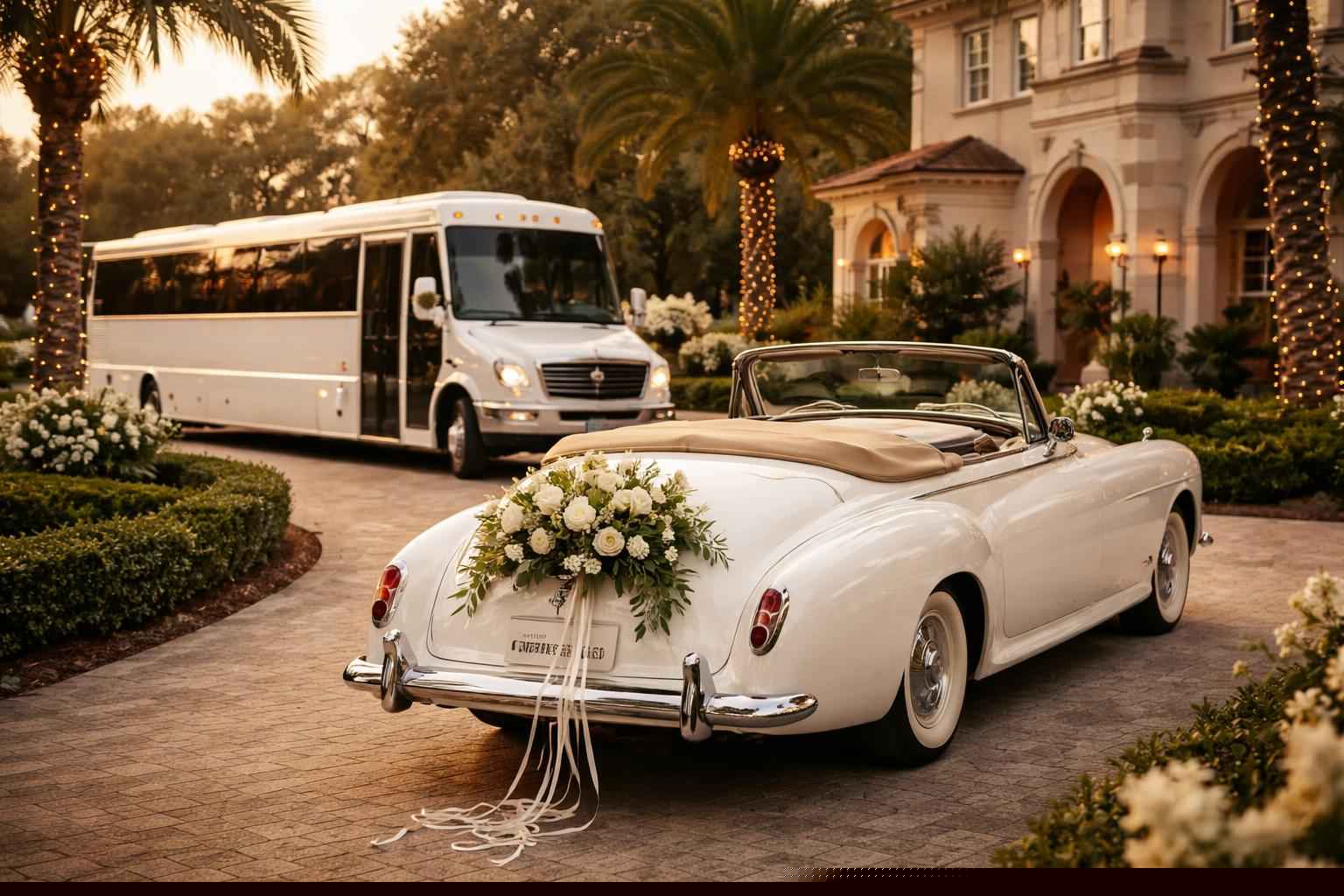 Do you provide wedding day shuttles and a classic vintage getaway car in Jacksonville Florida?
